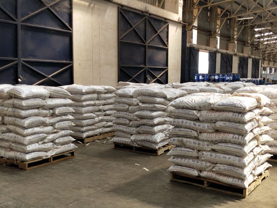 Bags stacked on pallets in the warehouse